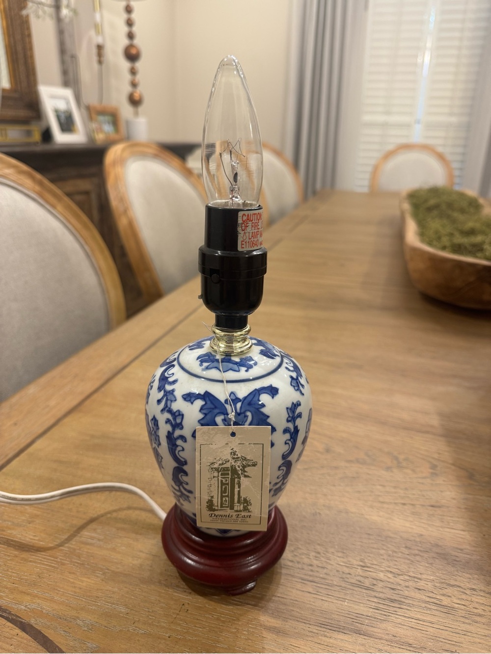 Blue and White Porcelain Table Lamp with wood Base